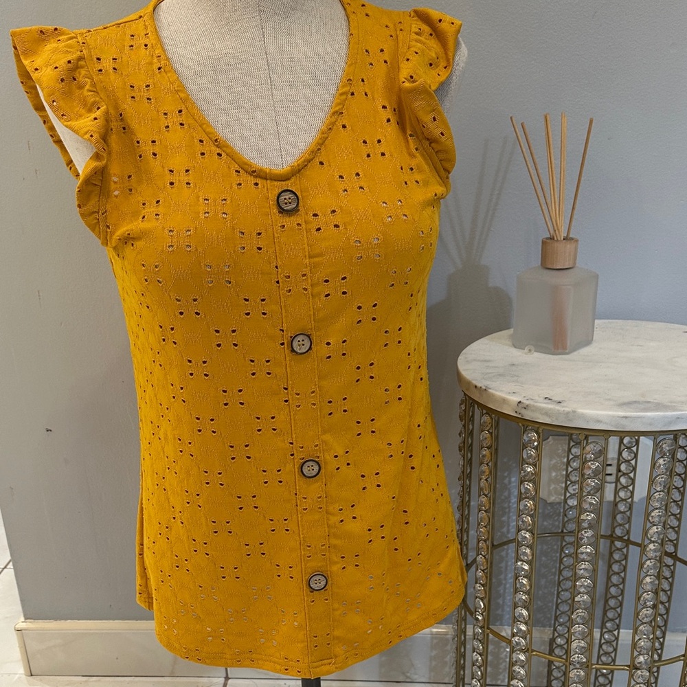 Daisy Fuentes Mustard Button-Front Eyelet Blouse